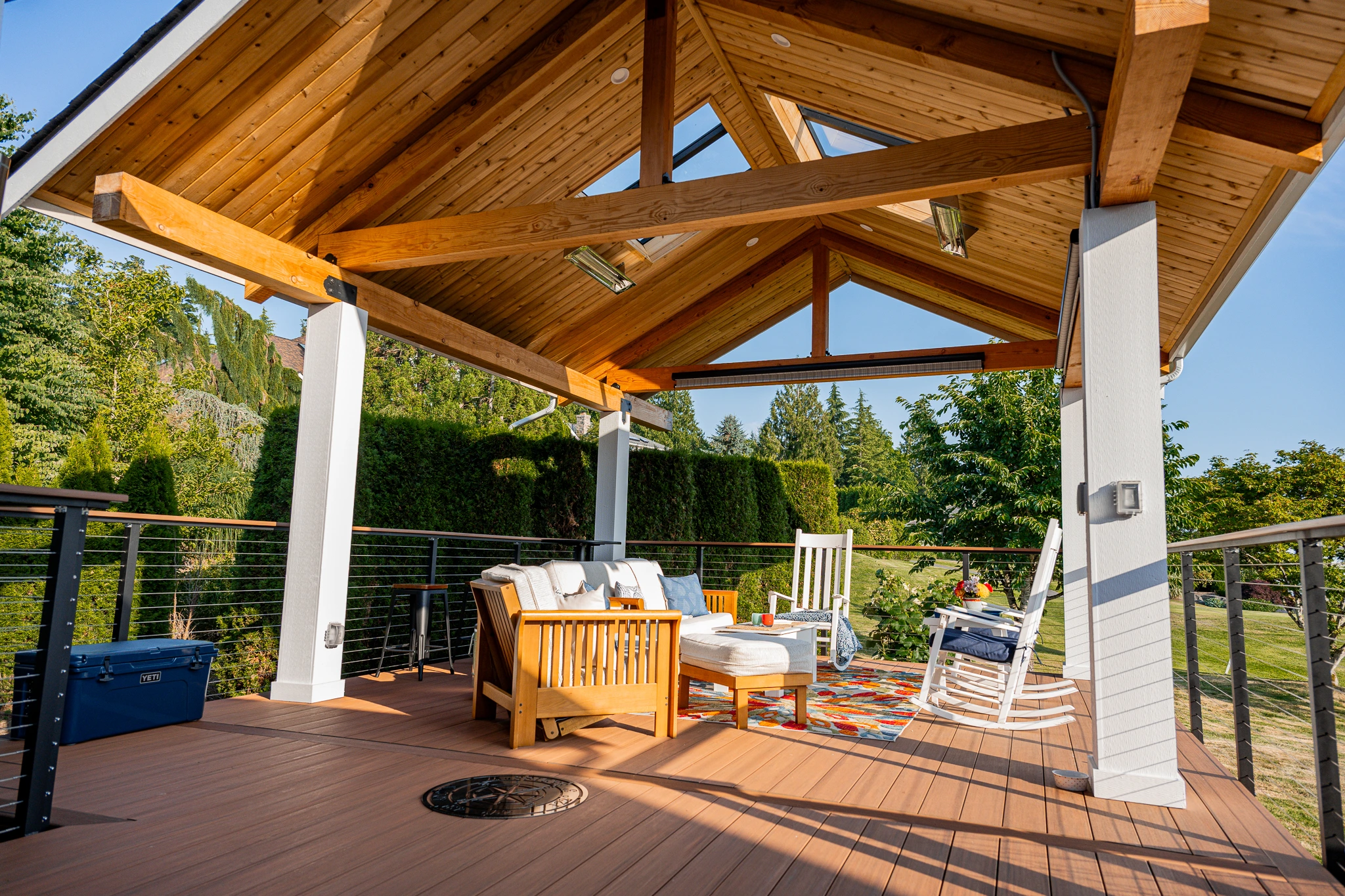 Roof covered wooden deck