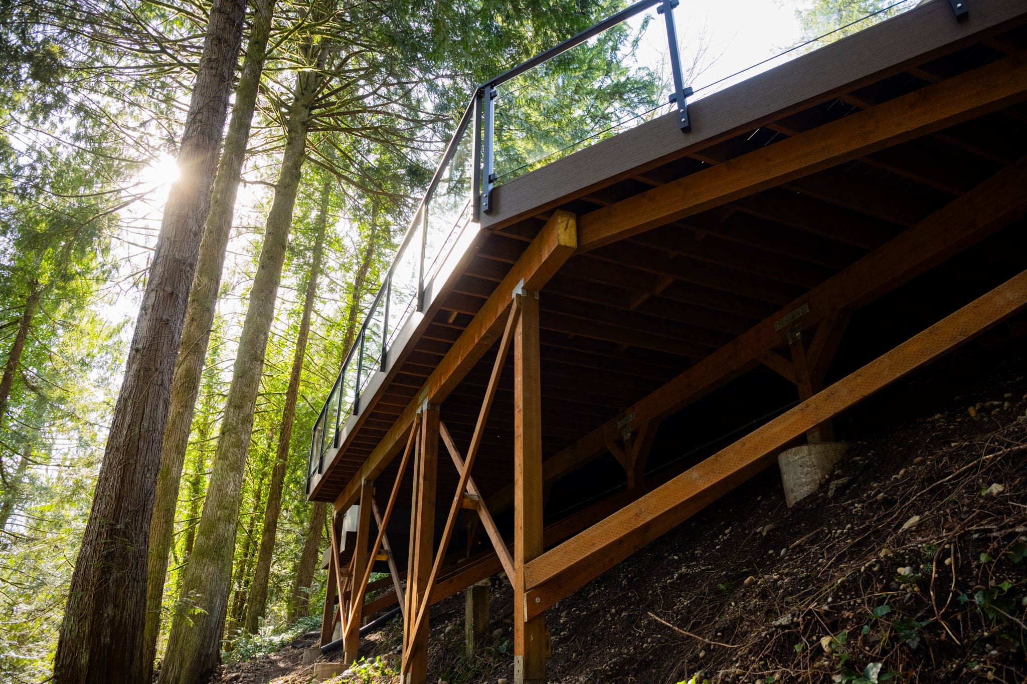 Elevated wooden deck on forested hillside