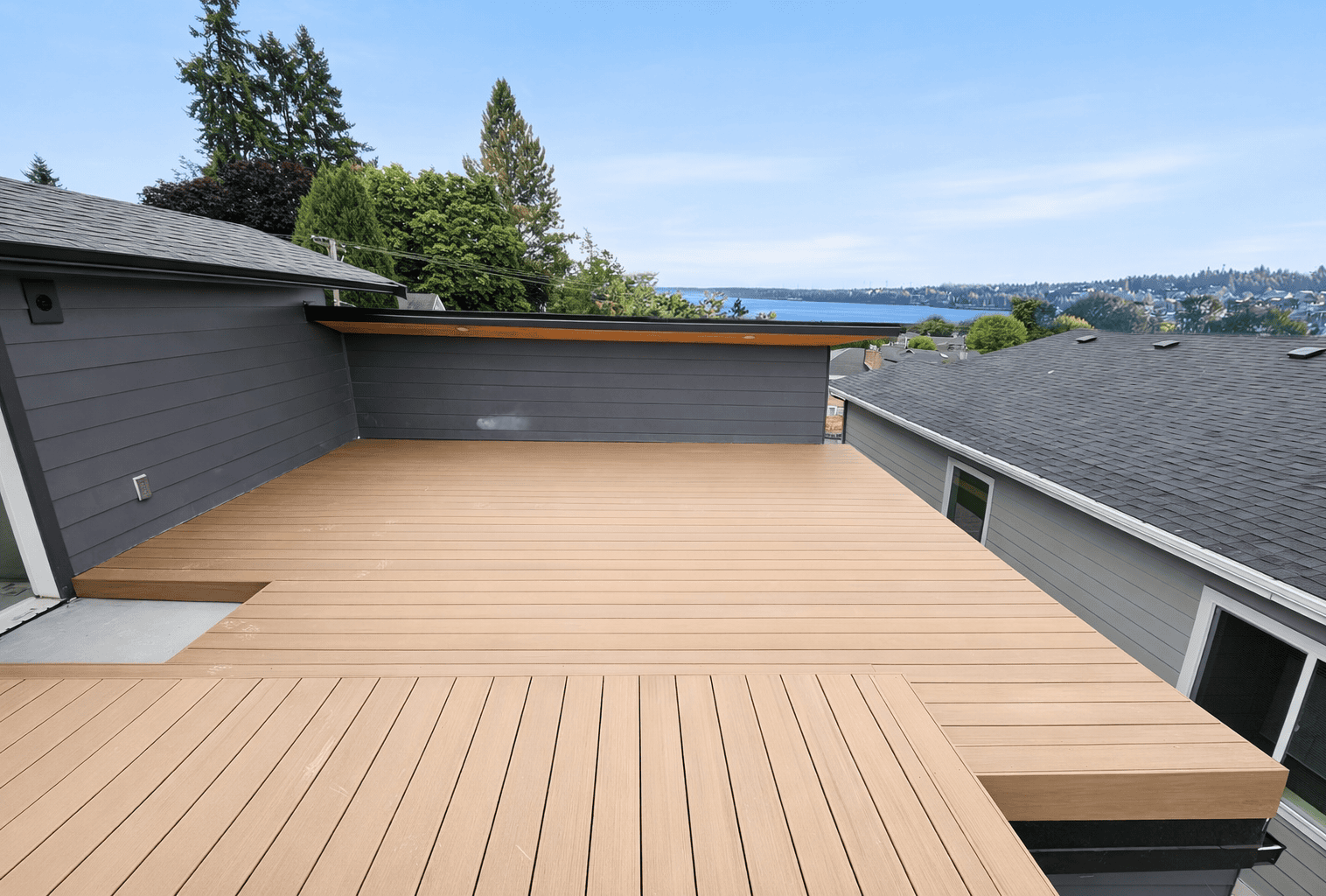 Modern rooftop deck with lake view