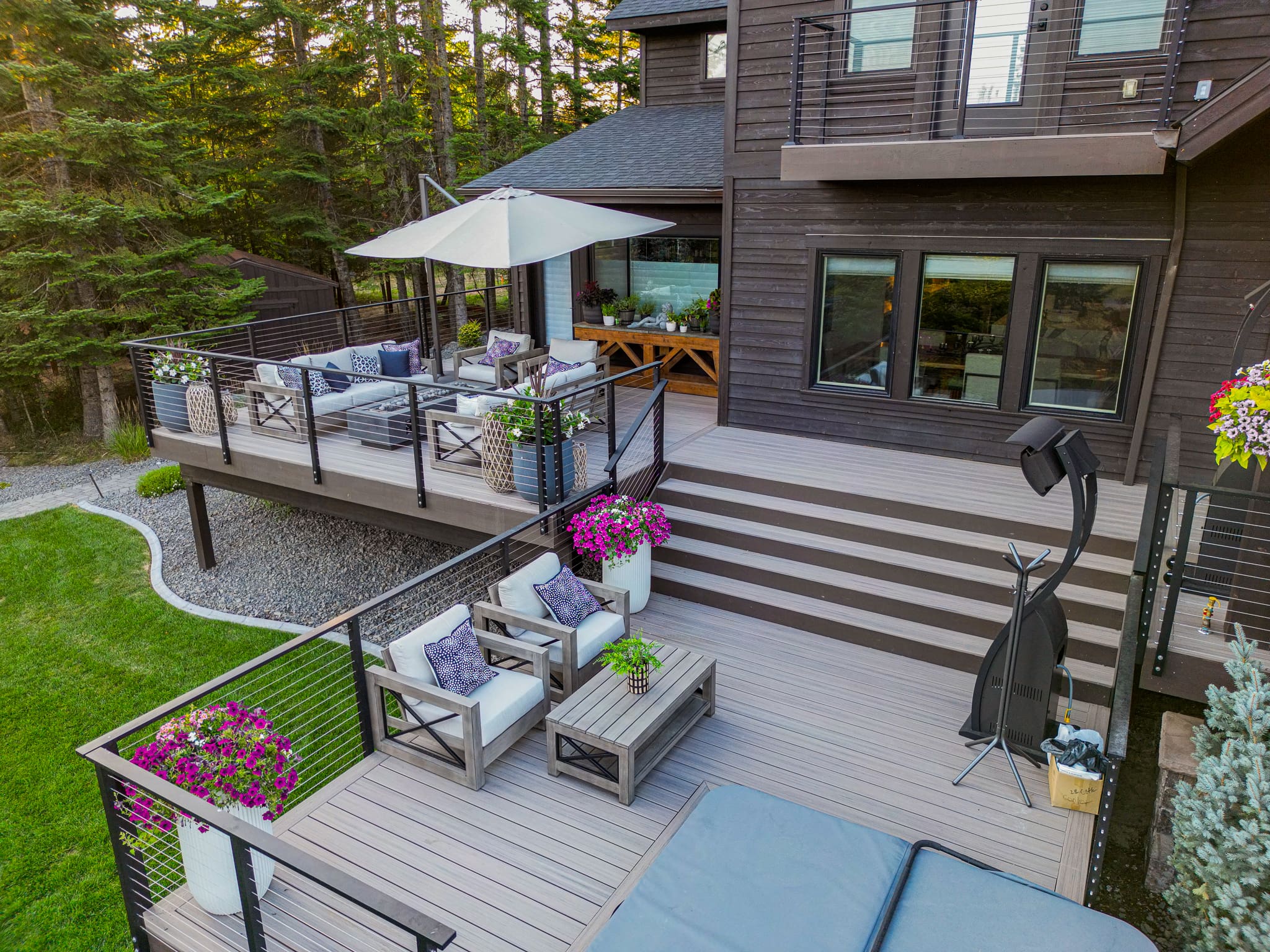 Modern home with multi-level outdoor deck seating