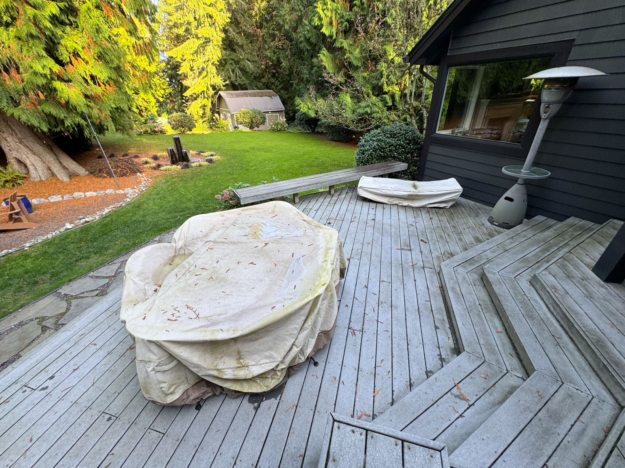 Wooden deck overlooking lush backyard with shed
